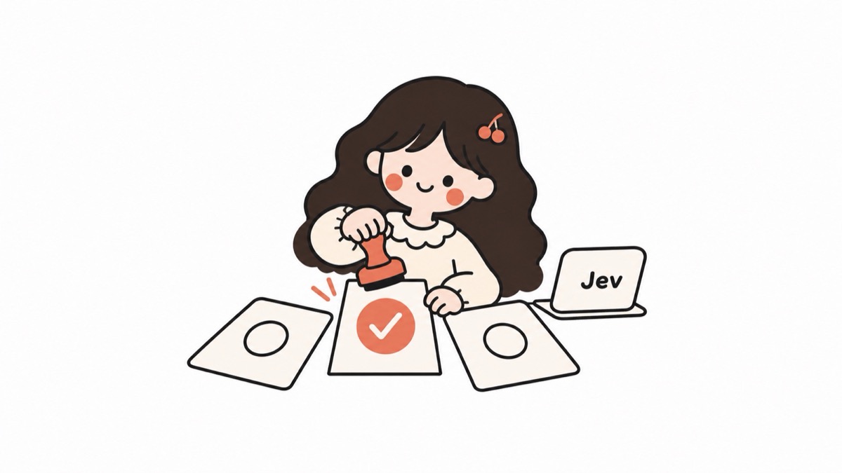小vi 在几张选项卡里盖章选中一张,旁边写着 Jev