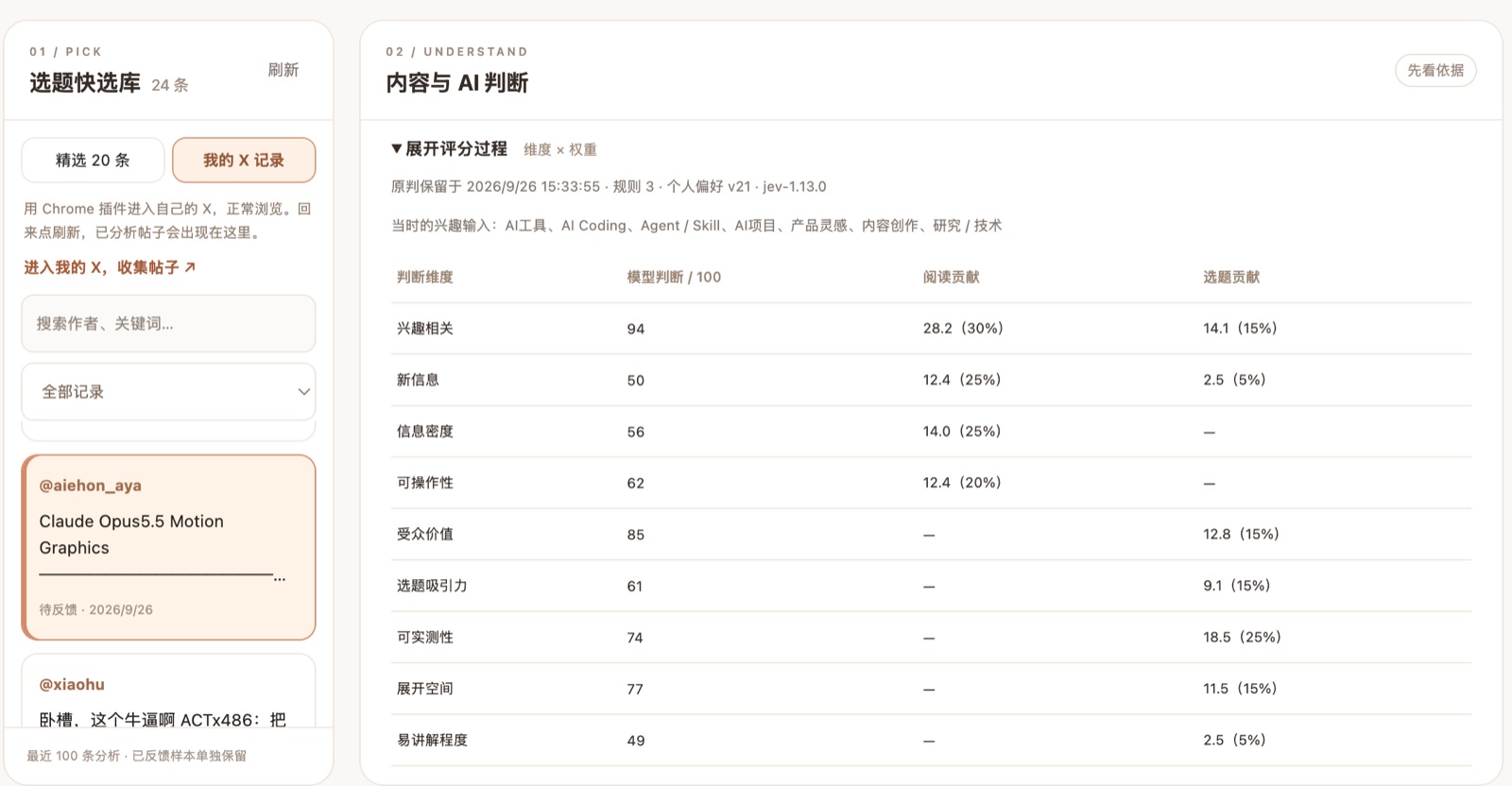 展开评分过程:各维度的模型判断和分数贡献